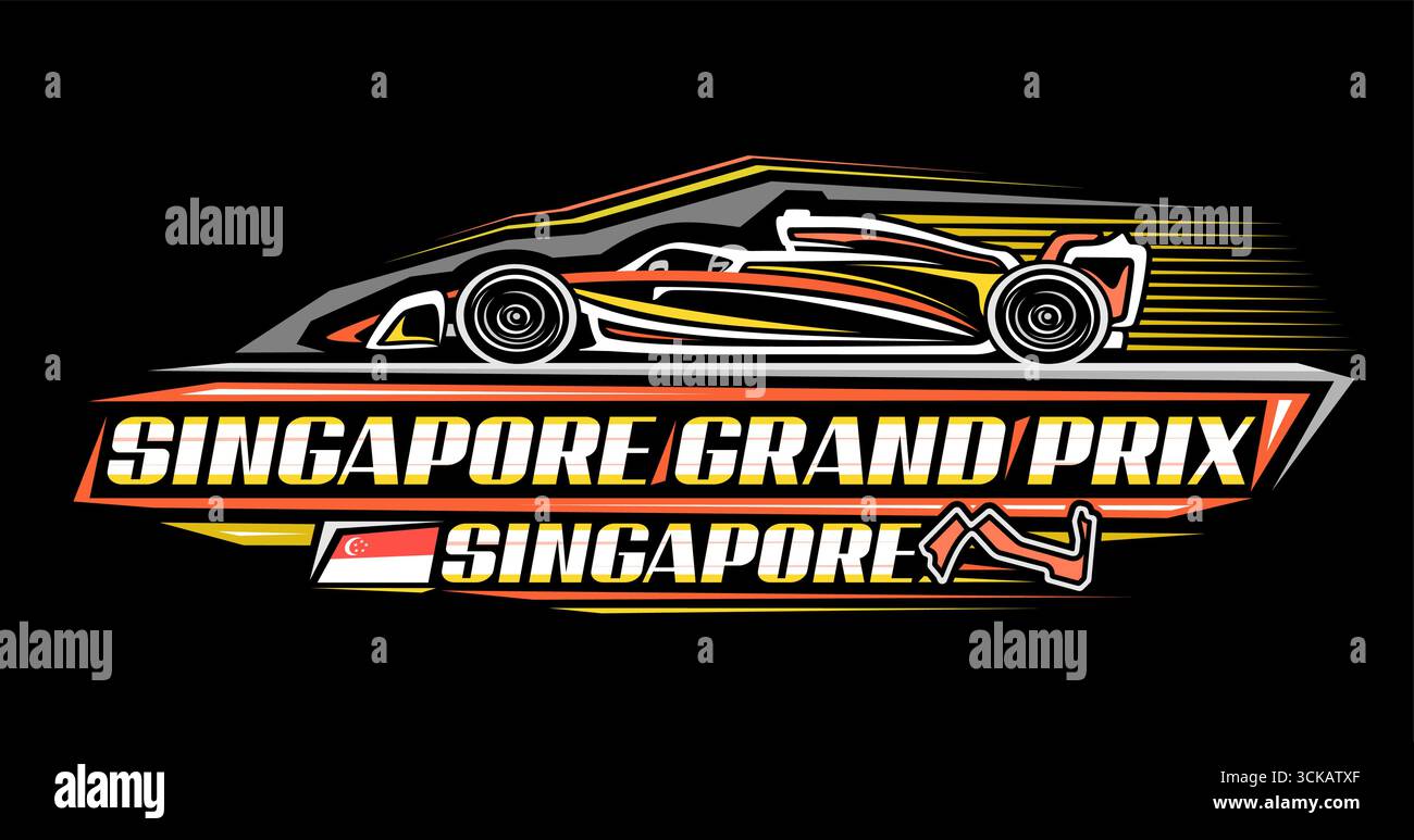 Logo vettoriale per il Gran Premio di Singapore, banner automobilistico con semplice profilo illustrativo della moderna formula uno su speedway, scritta unica Illustrazione Vettoriale