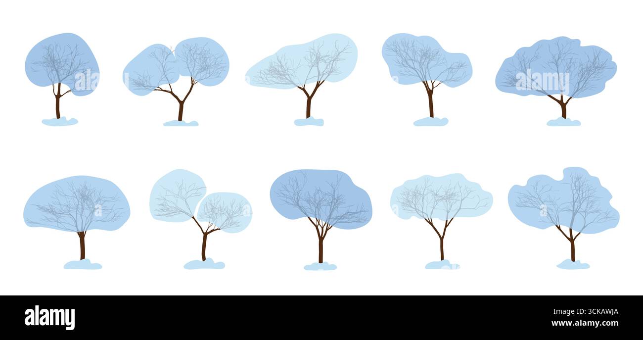 Paesaggio invernale caratterizzato da vari alberi stilizzati sotto una scena innevata in sfumature di blu e bianco. Illustrazione vettoriale Illustrazione Vettoriale