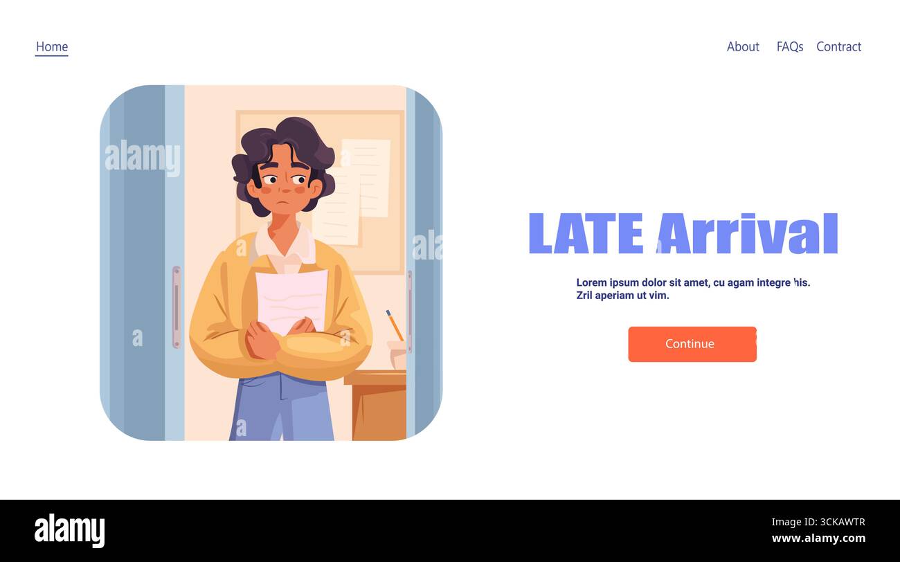 Arrivo in ritardo degli studenti corridoio della scuola con carta espressione preoccupata pagina di destinazione del sito Web di sfondo della porta della classe Illustrazione Vettoriale