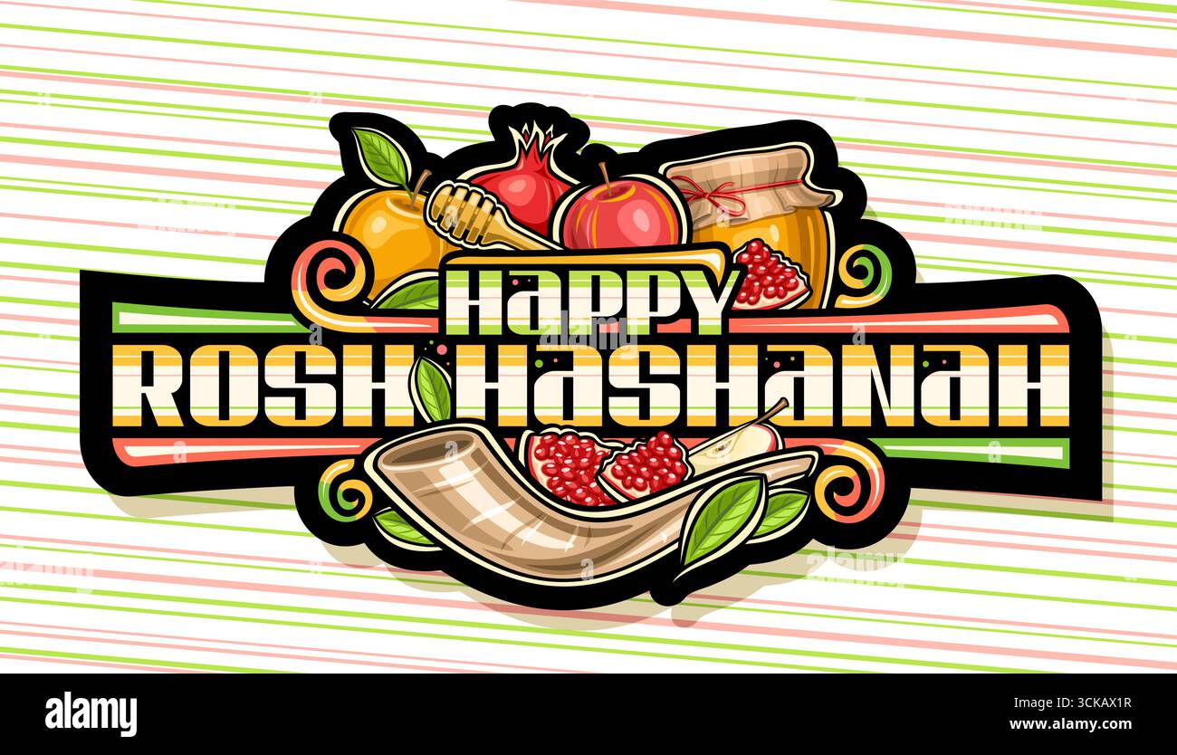 Logo vettoriale per Rosh Hashanah, badge decorativo nero con simboli hashanah a forma di contorno - pappagallo al miele e fette di frutta dolce, cartello con m Illustrazione Vettoriale