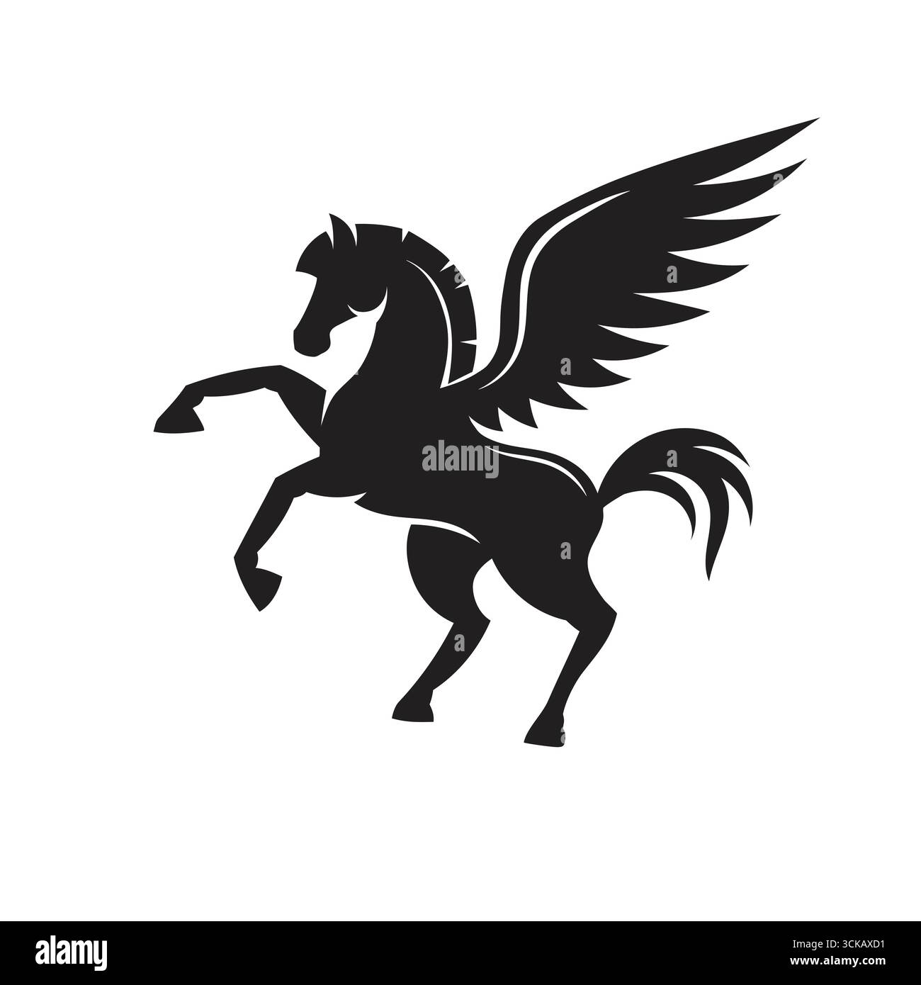 Illustrazione della silhouette di Pegasus, un maestoso cavallo alato, in piedi con orgoglio con gamba rialzata e ali dettagliate Illustrazione Vettoriale