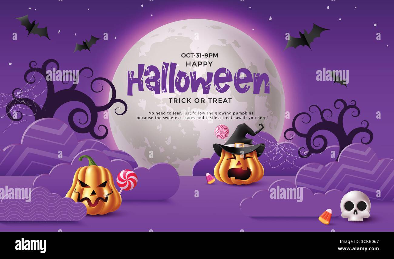 Simpatico e spettrale illustrazione di Halloween con zucche, pipistrelli, teschio, cappello da strega e caramelle. Ideale per biglietti d'auguri, striscioni natalizi, inviti, holid Illustrazione Vettoriale