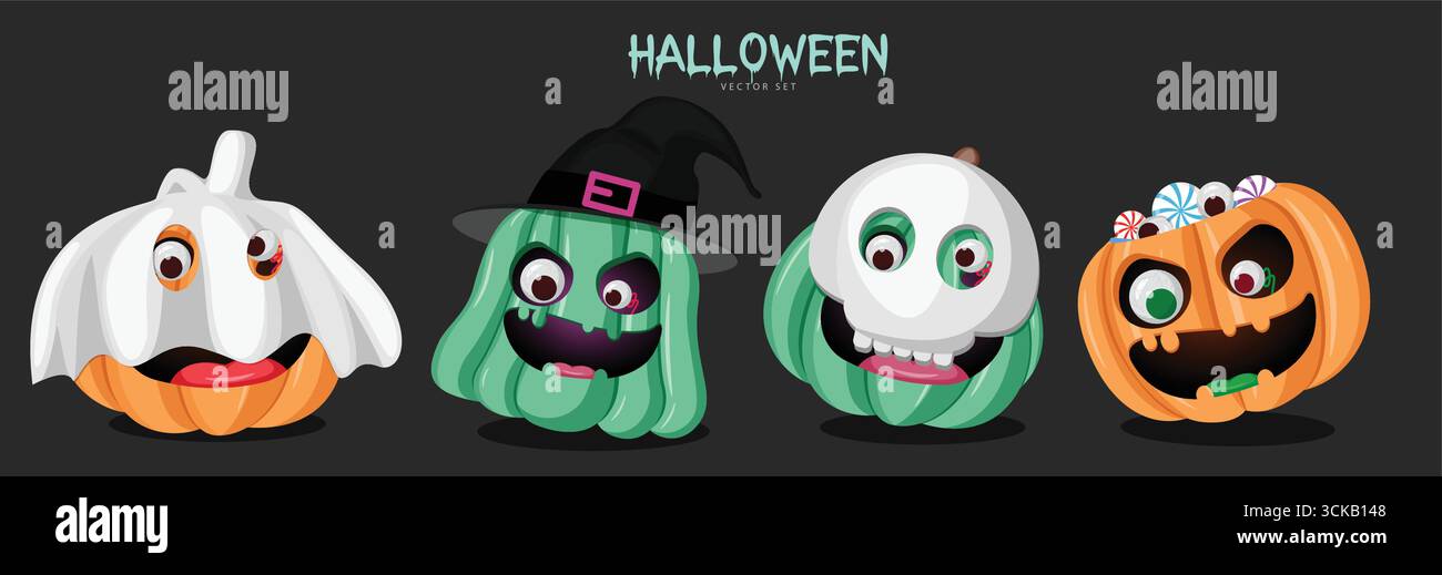 Colorati personaggi di zucca di Halloween in stile fantasma, strega, scheletro e secchiello di caramelle. Divertente e spettrale clipart vettoriale, perfetto per il felice Halloween CA Illustrazione Vettoriale