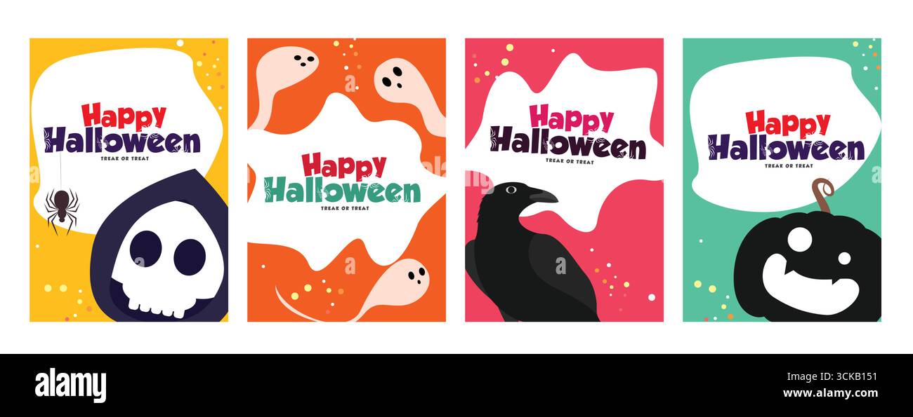 Allegro biglietto di auguri di Halloween con icone inquietanti e divertenti come teschio, zucca, ragno, corvo e fantasmi. Ideale per carte di scherzo o scherzi, feste Illustrazione Vettoriale