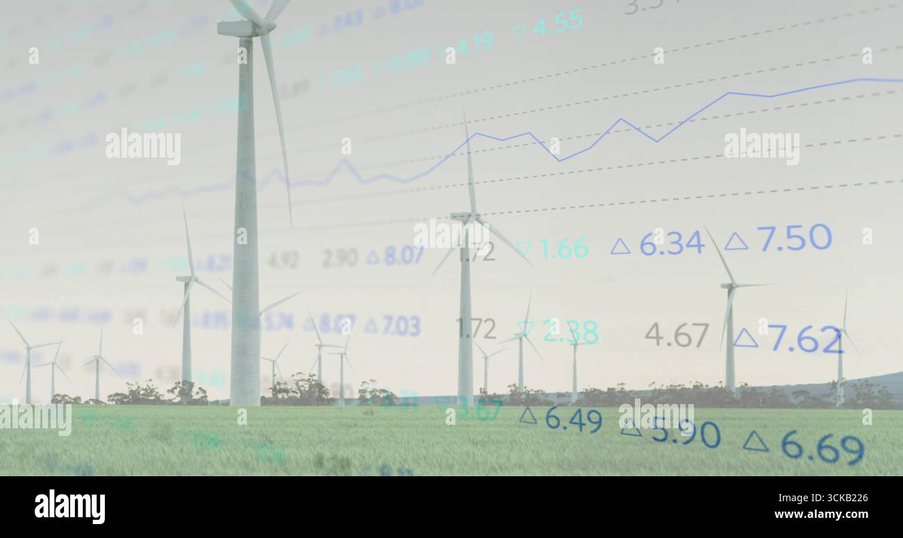 Rotazione delle turbine eoliche che generano energia su pianure erbose sotto il cielo coperto, con linee di tendenza dei dati Foto Stock