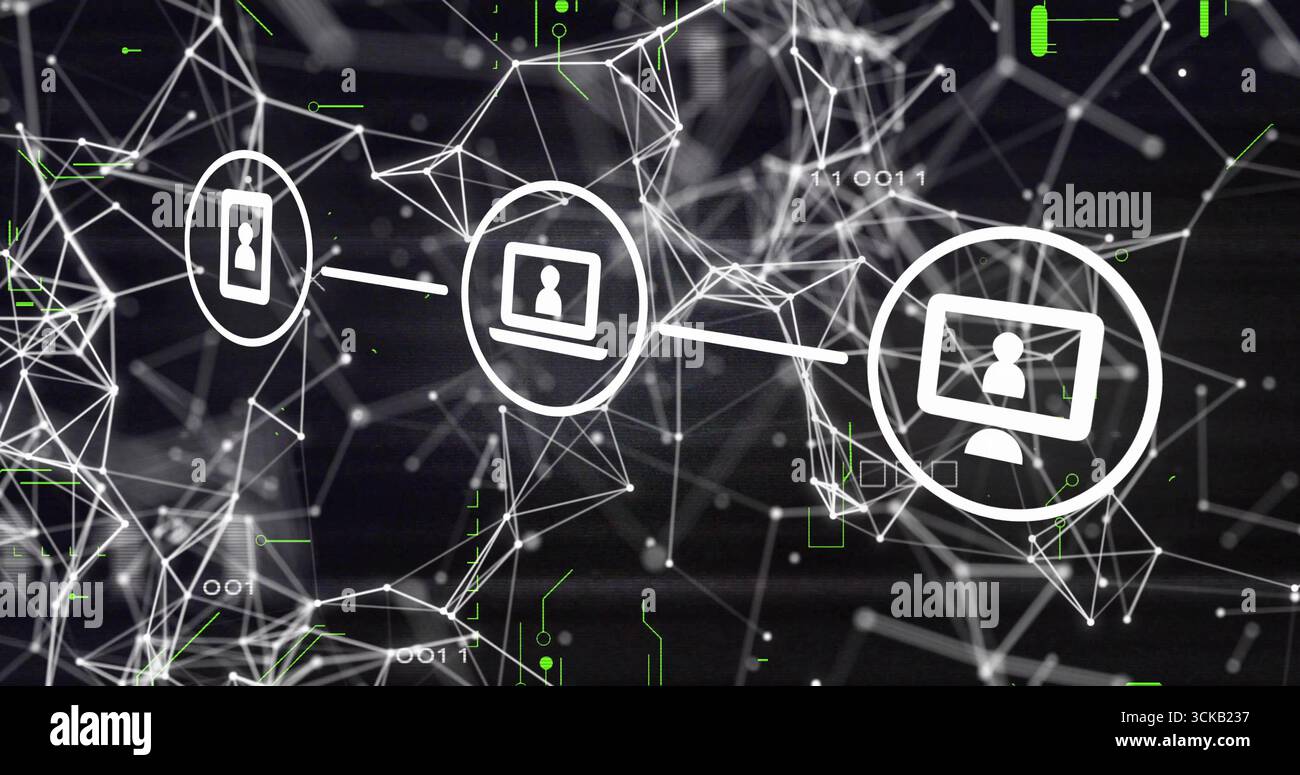 Collegamento di icone di dispositivi cerchiate bianche nel cyberspazio virtuale con linee di rete mesh Foto Stock