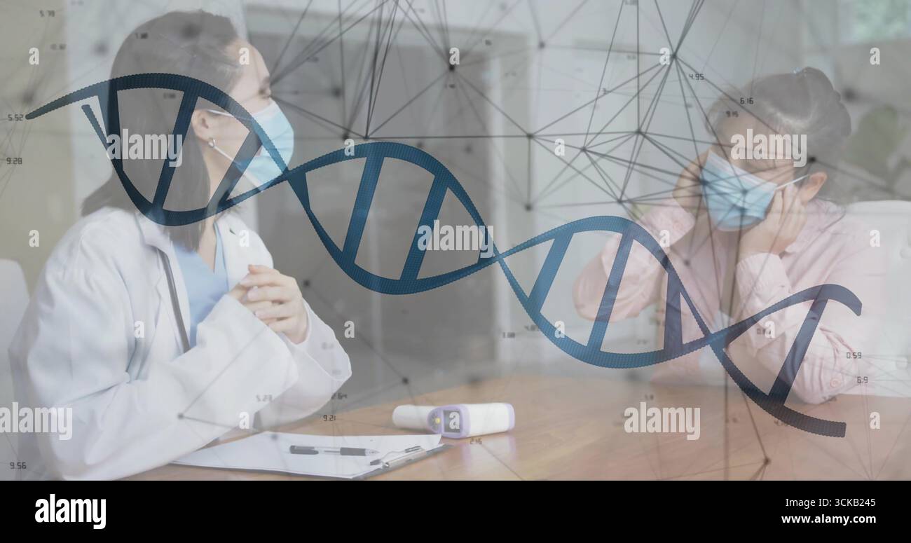 Medico in camice e maschera che parla di cefalea del paziente nella sala esame, termometro a infrarossi, spazio di copia Foto Stock