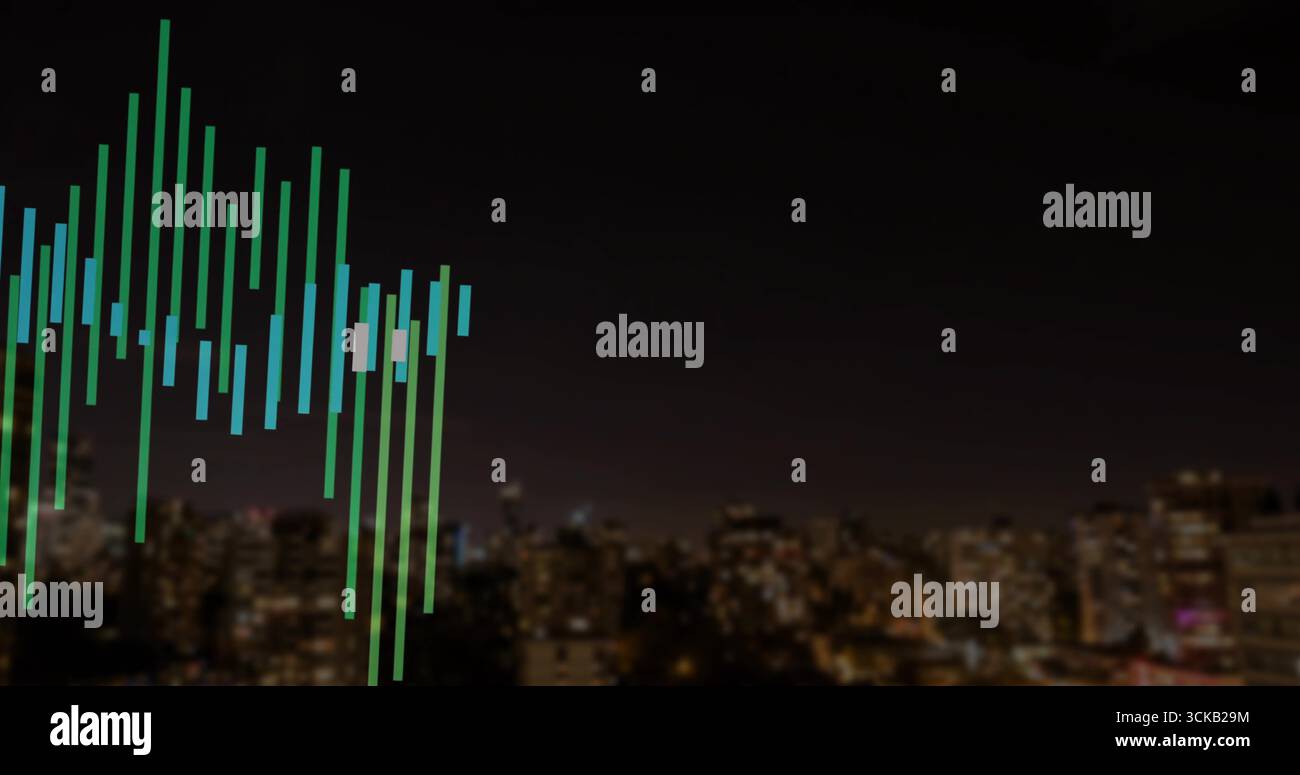 Visualizzazione di barre verticali colorate che formano l'equalizzatore audio sullo skyline urbano notturno, copia spazio Foto Stock