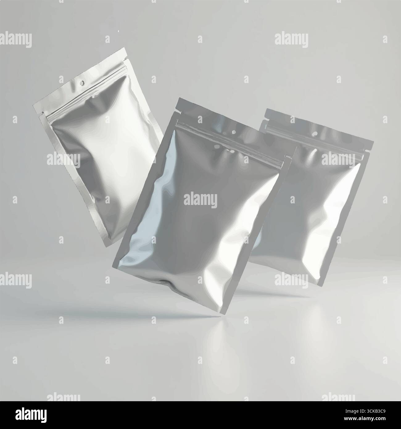 Più mockup di sacchetti da imballaggio 3D in aria focalizzati su un sacchetto, mockup bianco per imballaggio in bustina, sacchetto di plastica in silvar vuoto. Illustrazione Vettoriale