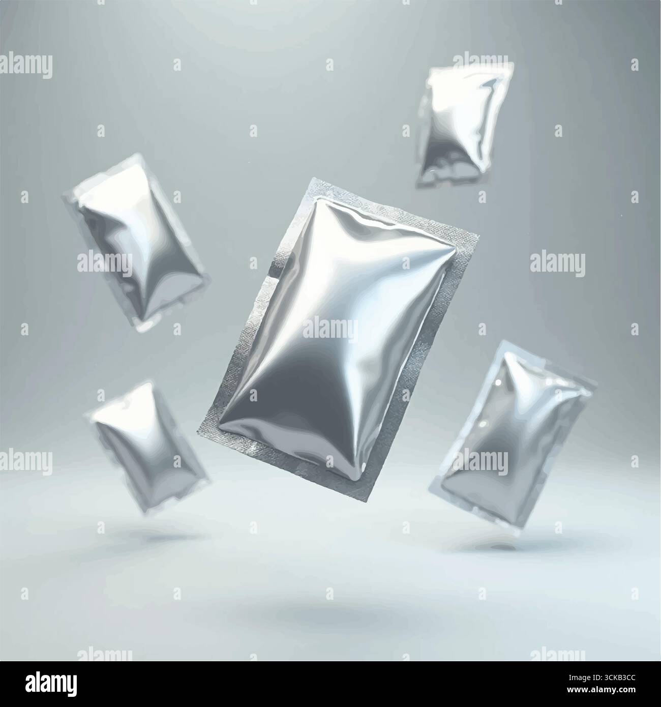 Più mockup di sacchetti da imballaggio 3D in aria focalizzati su un sacchetto, mockup bianco per imballaggio in bustina, sacchetto di plastica in silvar vuoto. Illustrazione Vettoriale