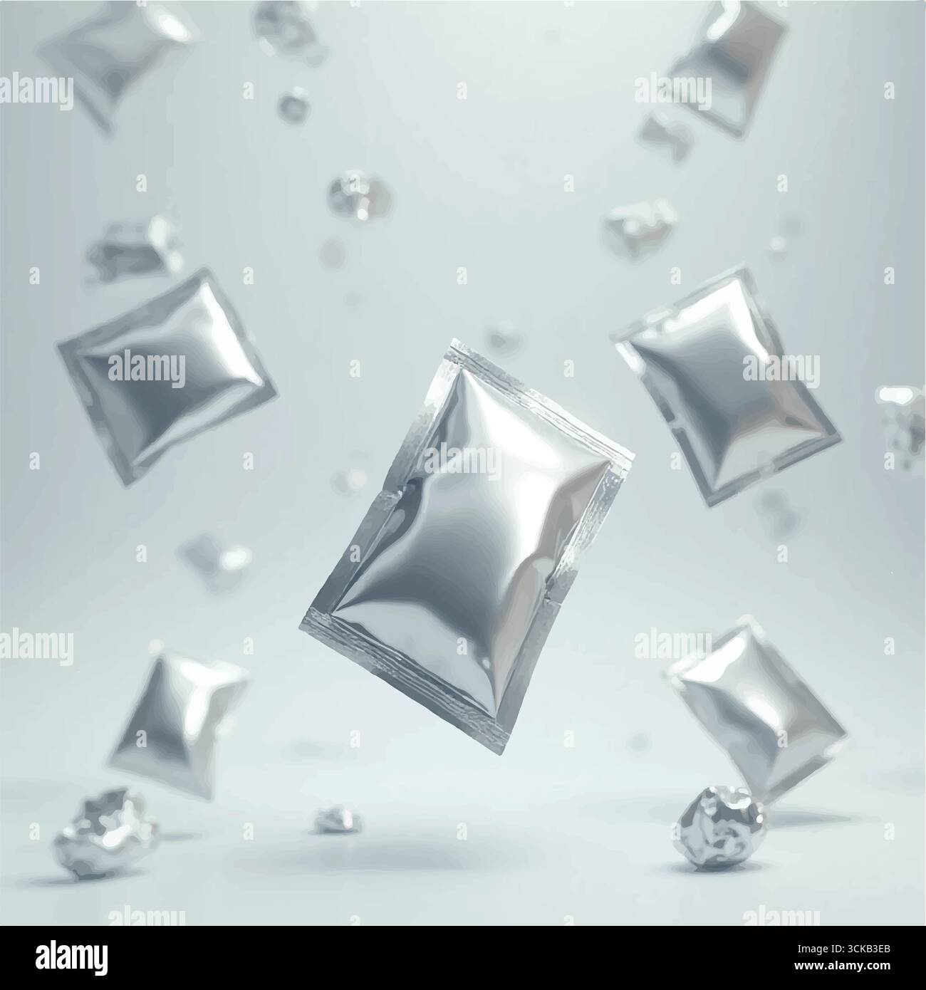 Più mockup di sacchetti da imballaggio 3D in aria focalizzati su un sacchetto, mockup bianco per imballaggio in bustina, sacchetto di plastica in silvar vuoto. Illustrazione Vettoriale