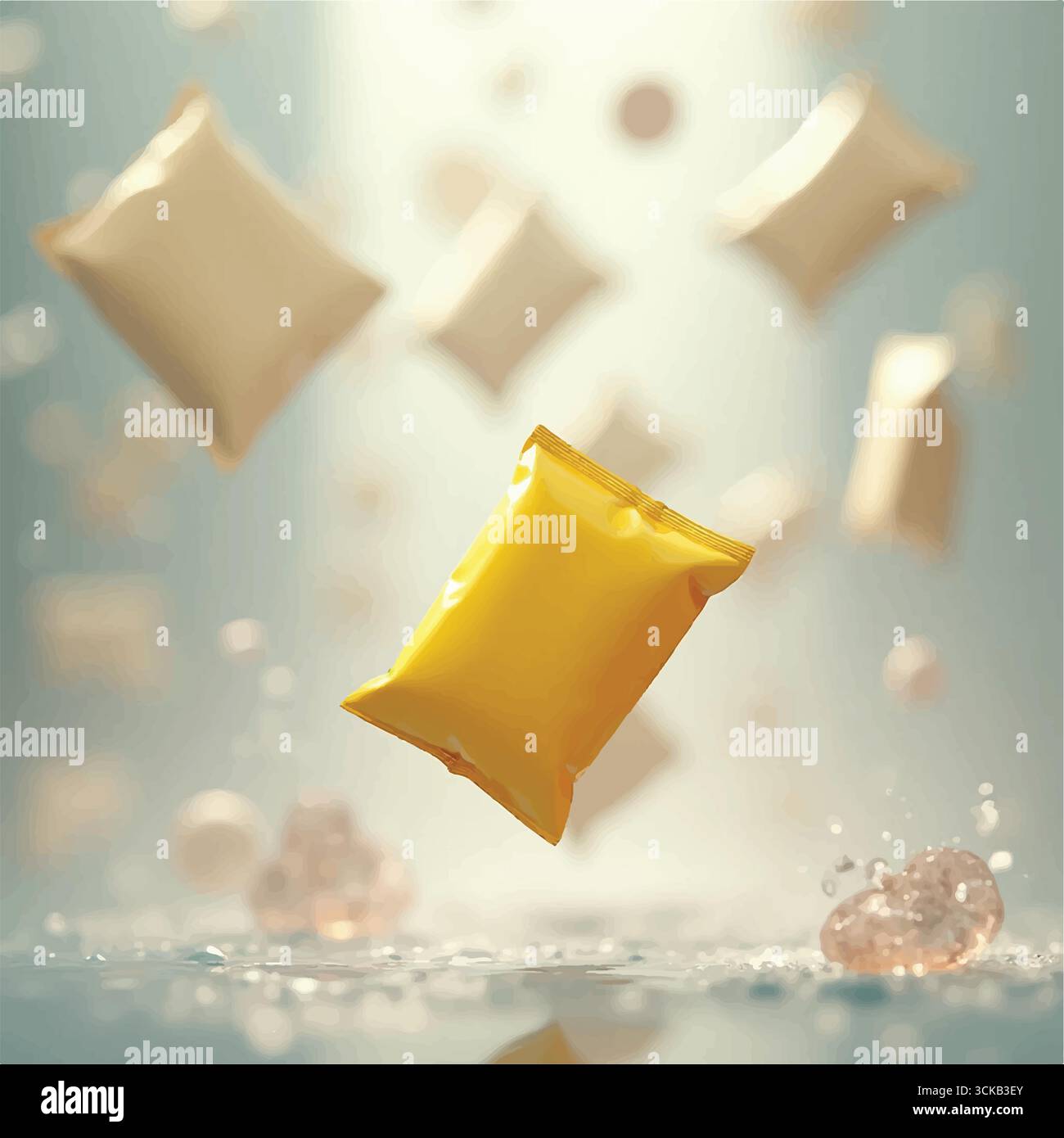 Più mockup di sacchetti da imballaggio 3D in aria focalizzati su un sacchetto, mockup bianco per imballaggio in bustina, sacchetto di plastica in silvar vuoto. Illustrazione Vettoriale