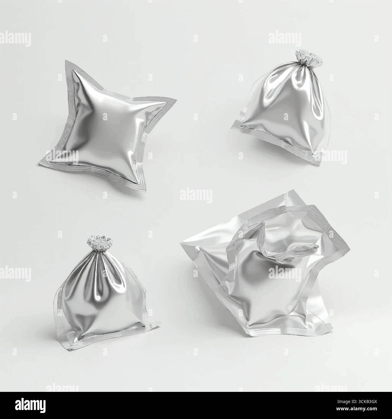 Più mockup di sacchetti da imballaggio 3D in aria focalizzati su un sacchetto, mockup bianco per imballaggio in bustina, sacchetto di plastica in silvar vuoto. Illustrazione Vettoriale