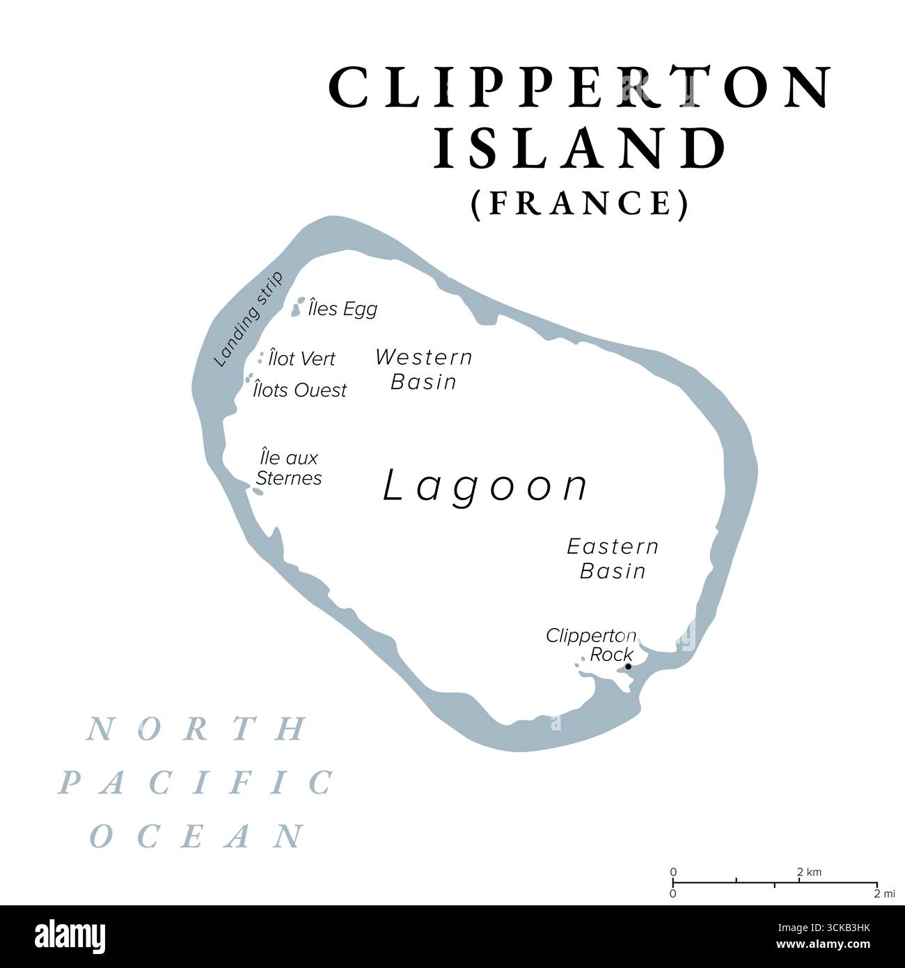Clipperton Island, mappa politica grigia. Noto anche come atollo Clipperton, un atollo corallino francese disabitato nell'Oceano Pacifico orientale. Foto Stock