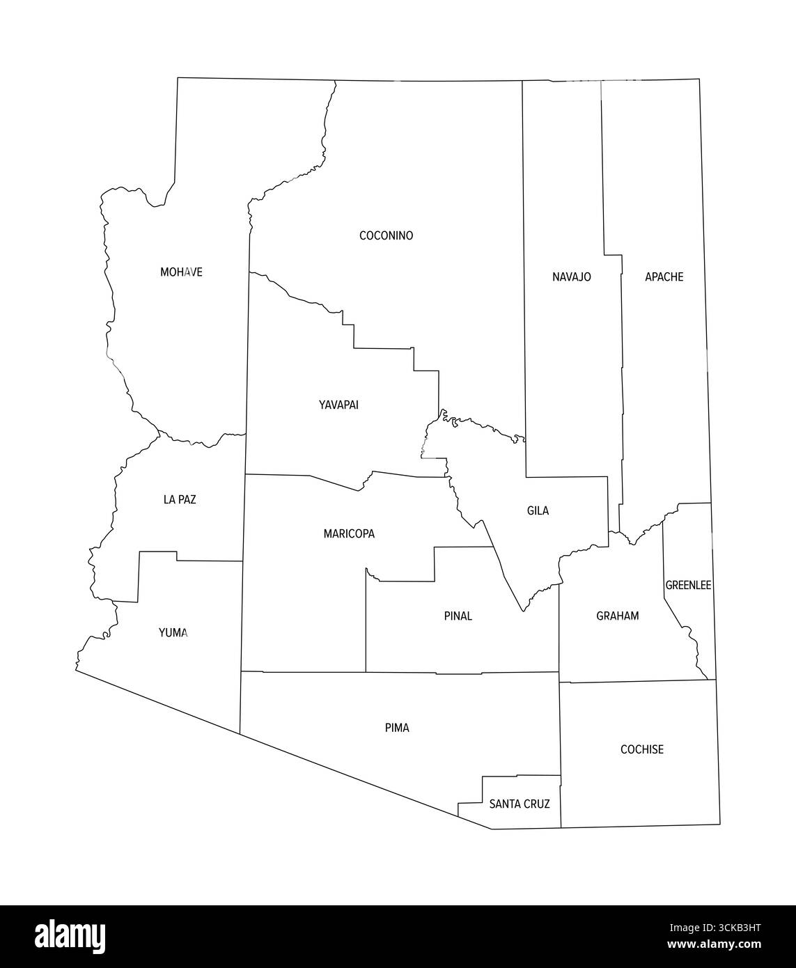Stato dell'Arizona, diviso in 15 contee, delineate la mappa. Stato senza sbocco sul mare, nella regione sudoccidentale degli Stati Uniti. Foto Stock