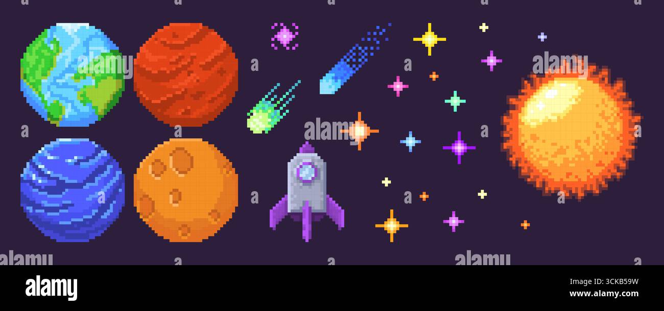 Le icone di gioco dello spazio pixel sono isolate sullo sfondo. Illustrazione vettoriale di pianeti e icone di punta di razzo, terra in stile retrò, marte, luna, sole, asteroidi volanti, stelle luminose, veicoli spaziali per il design dell'interfaccia utente Illustrazione Vettoriale