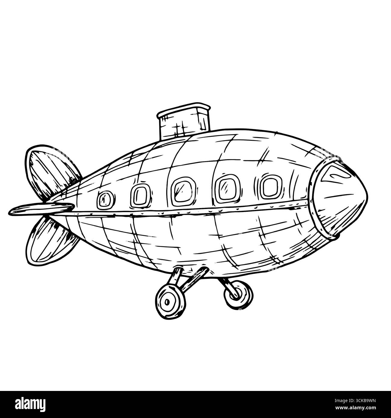 Dirigibile giocattolo su ruote, schizzo a inchiostro bianco e nero. Illustrazione vettoriale. Giocattolo volante per bambini, isolato su sfondo bianco. Per le cartoline, bambini Illustrazione Vettoriale