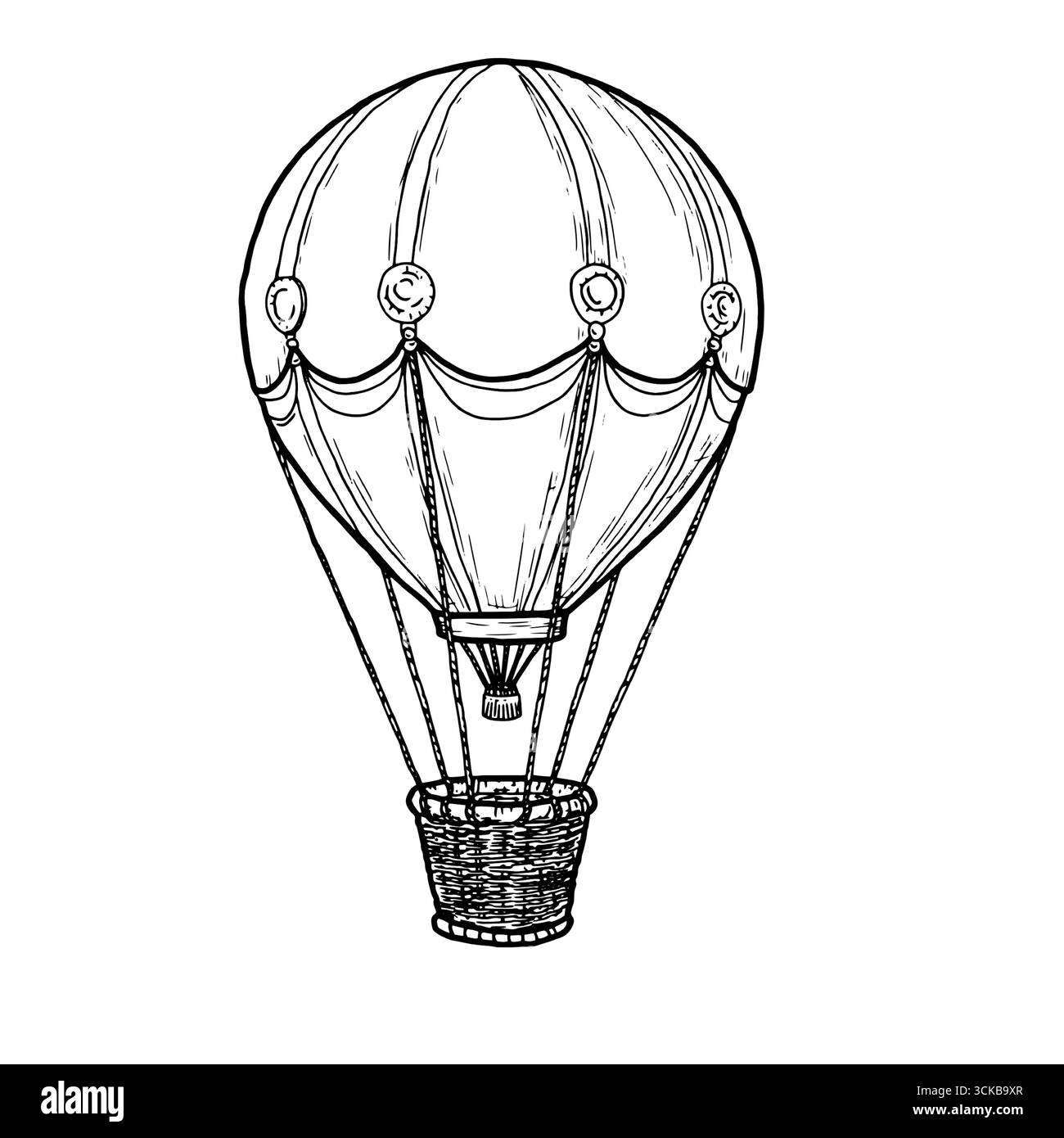 Palloncino con cestello in vimini, schizzo in inchiostro bianco e nero. Illustrazione vettoriale. Giocattolo volante per bambini, isolato su sfondo bianco. Per le cartoline, c Illustrazione Vettoriale