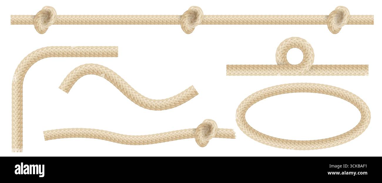 Struttura naturale della corda con elementi a nodo e fili intrecciati isolati per disegni marini o rustici. Forma in fibra intrecciata marrone di anse e curve con motivo intrecciato. Set di corde nautiche per decorazione Illustrazione Vettoriale