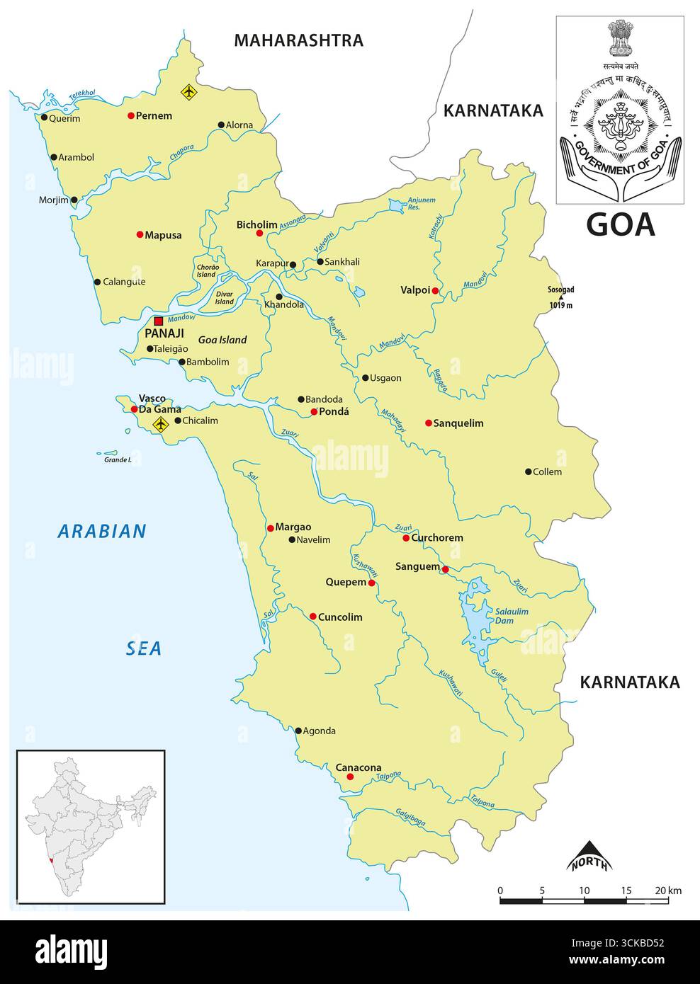 Mappa dello stato delle Indie occidentali di Goa Foto Stock