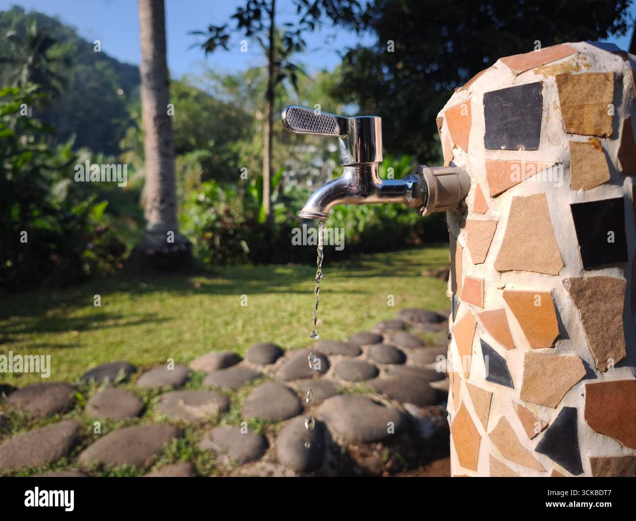 Un rubinetto d'acqua all'aperto collegato a un pilastro in pietra a mosaico, con alcune gocce d'acqua che cadono. Lo sfondo mostra un lussureggiante giardino verde, alberi ed erba Foto Stock