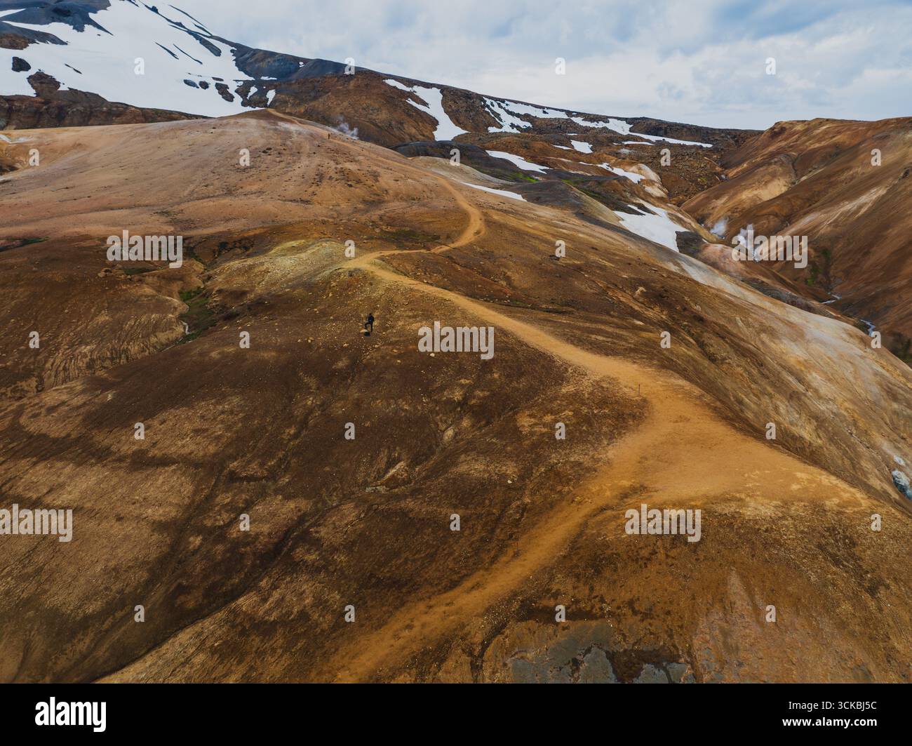 Spettacolare vista aerea delle montagne Kerlingarfjoll in Islanda, con un vivace terreno arancione, innevate, un sentiero tortuoso e un escursionista solitario. Foto Stock