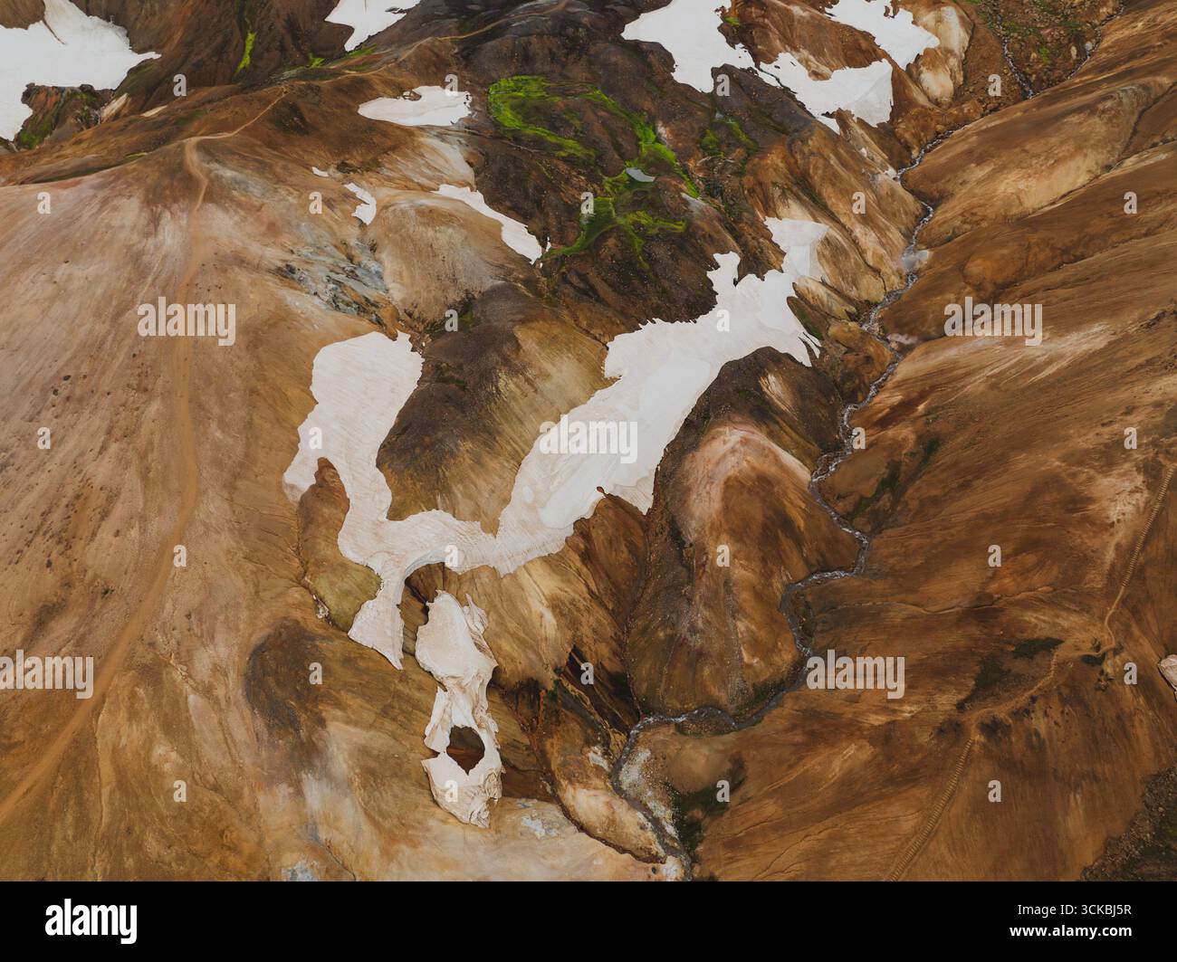 Immagine aerea delle vibranti montagne riolite di Landmannalaugar in Islanda, con tonalità arancio, marrone e beige con neve sparsa e una strada tortuosa Foto Stock
