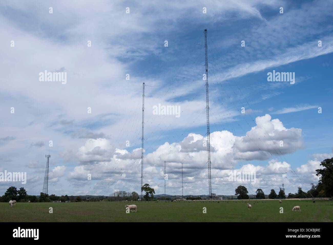 Gli alberi di trasmissione radio alti 213 metri a Wychbold, Worcestershire, Inghilterra. Foto Stock