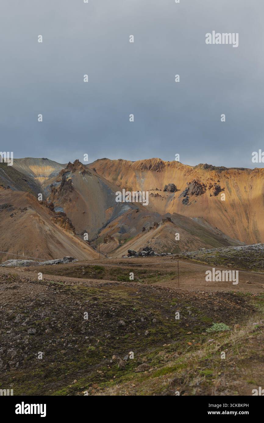 Montagne colorate riolite dai toni terrosi, muschio verde e un debole sentiero sotto un cielo coperto a Landmannalaugar, Islanda. Foto Stock