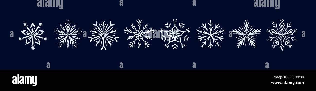 Set di pastello, matita, gesso, carbone, fiocchi di neve pastello disegnati a mano su sfondo blu scuro. Scarabocchi di neve per bambini e si allunga sulla lavagna. W Illustrazione Vettoriale
