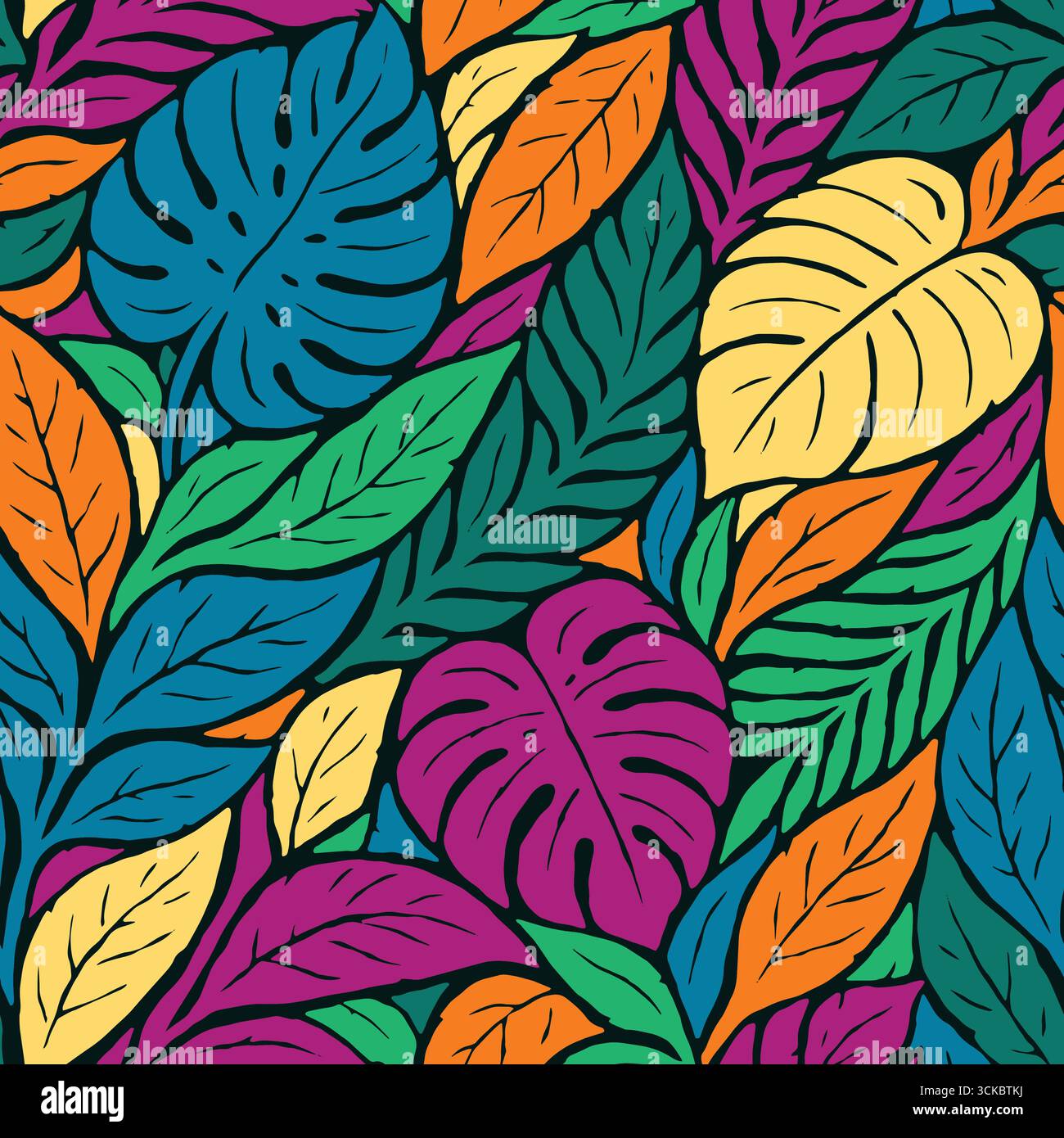 La foresta pluviale esotica lascia un motivo senza cuciture. Illustrazione vettoriale sfondo piatto. Illustrazione Vettoriale