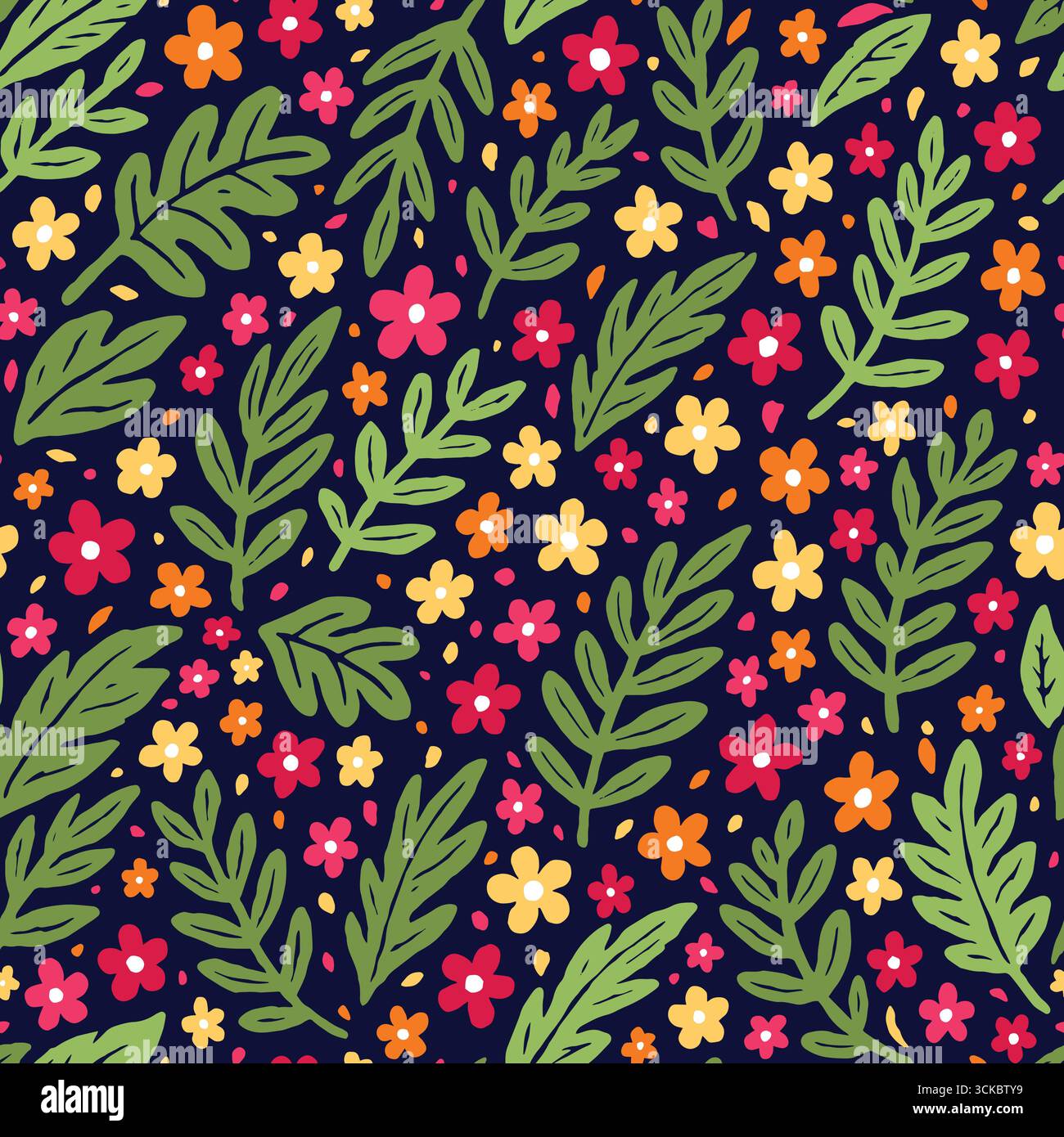 Fiori carini e foglie della giungla motivo senza cuciture. Illustrazione vettoriale sfondo piatto. Illustrazione Vettoriale