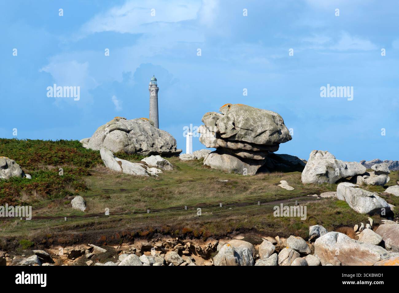 Vista verso il faro di Ile Vierge dal sentiero della costa GR34, Finistere, Bretagna, Francia Foto Stock