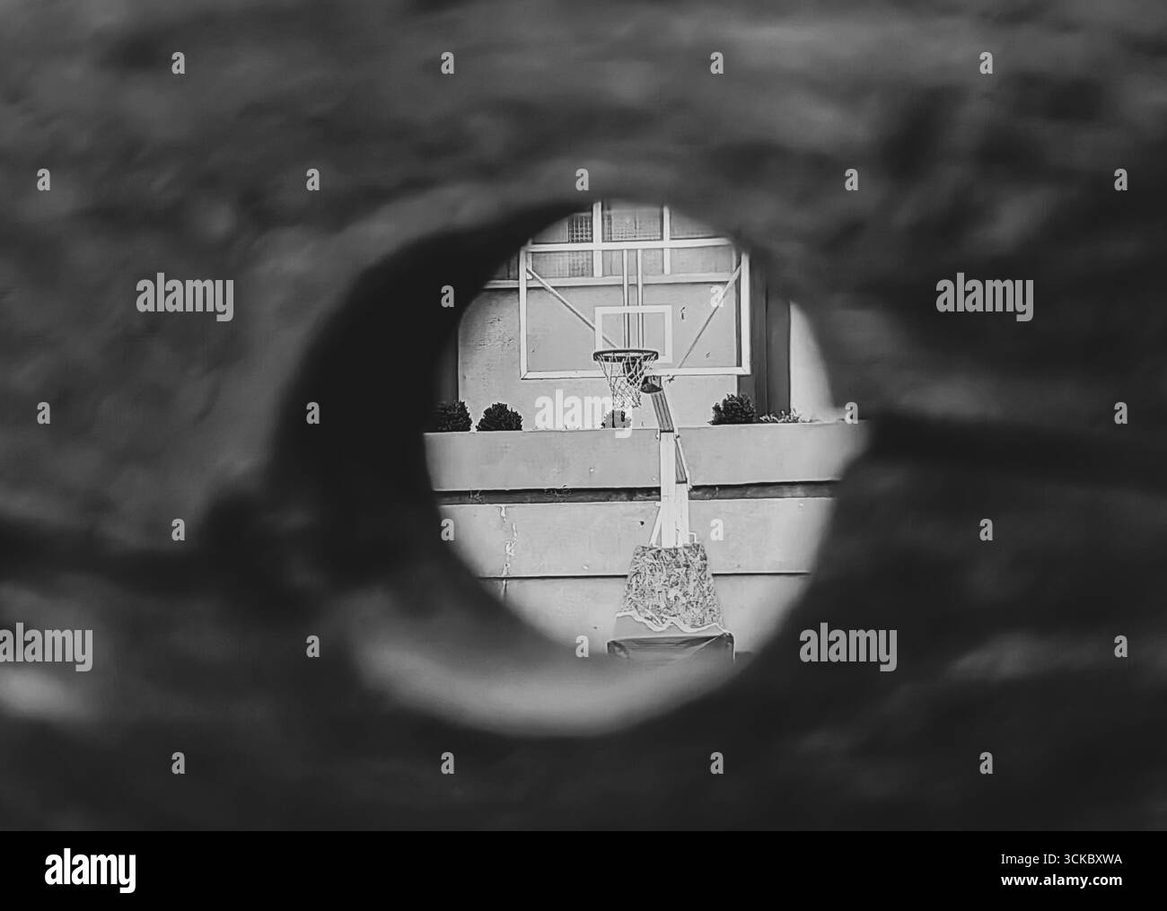 Target per lavagna in vetro: Pallacanestro minimalista. Prospettiva creativa. Tonalità monocromatiche. Foto Stock