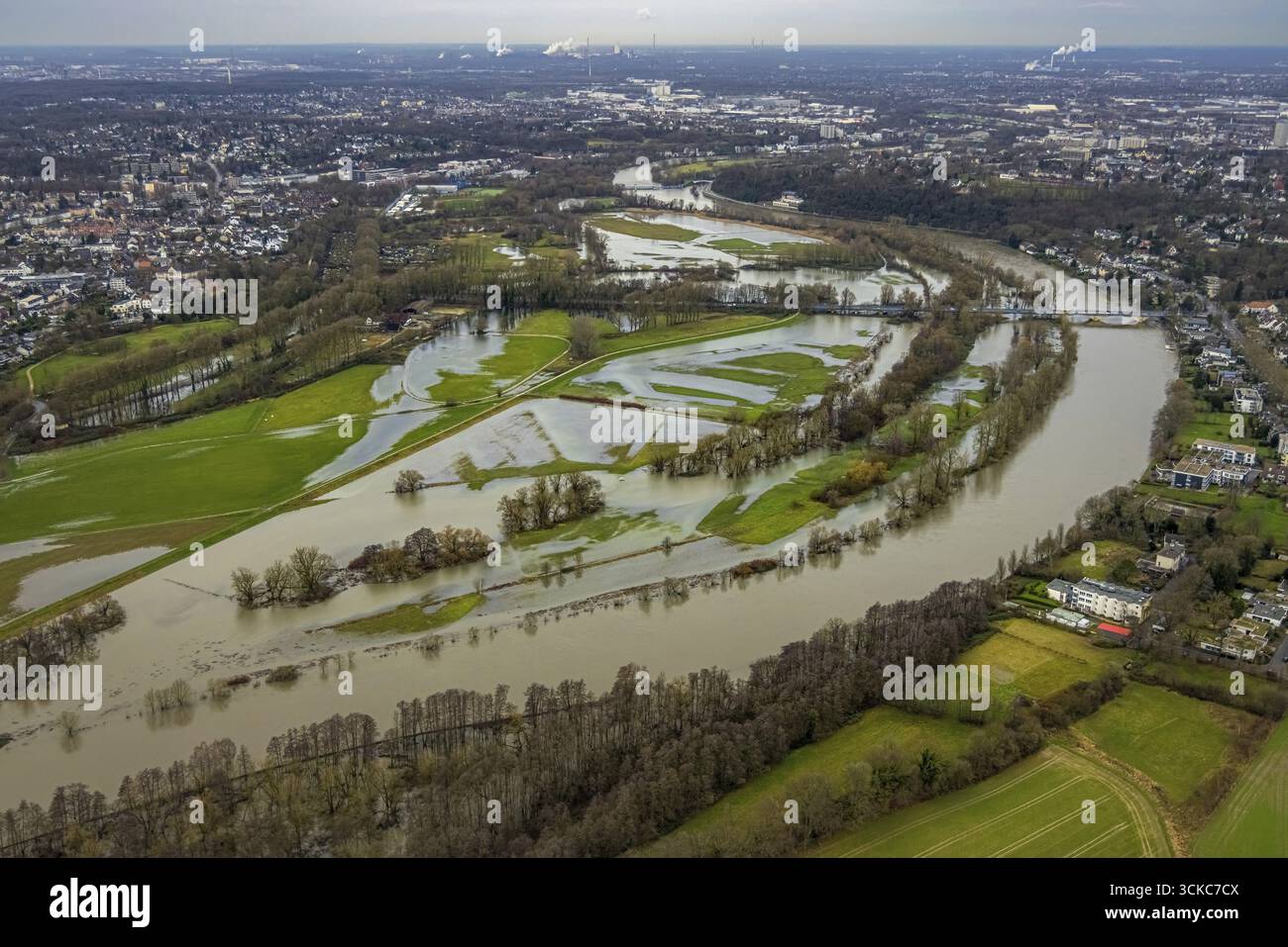 Vista aerea, alluvione della Ruhr, alluvione natalizia 2023, il fiume Ruhr trabocca le sue rive dopo forti piogge, area alluvionale Saarn-Mendener Ruhraue, prati e tre Foto Stock