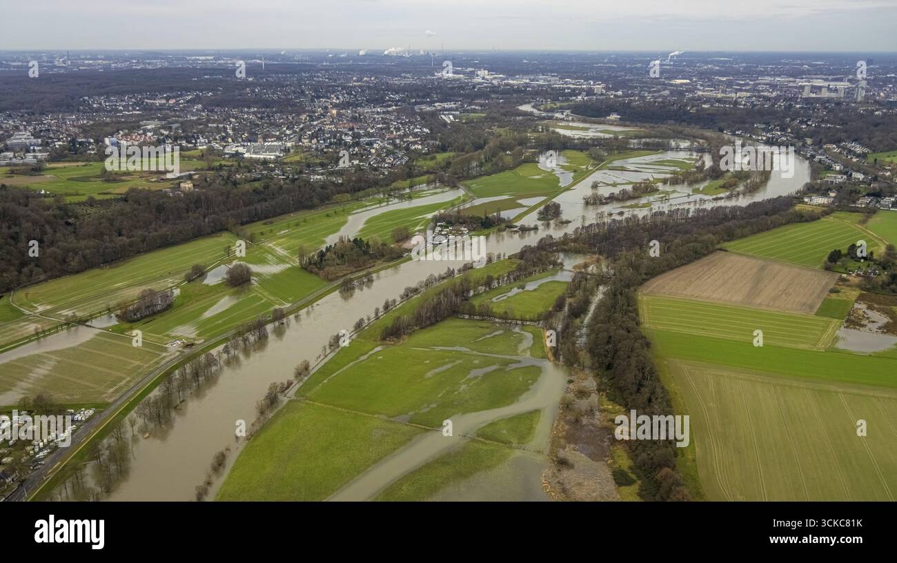 Vista aerea, alluvione della Ruhr, alluvione natalizia 2023, il fiume Ruhr trabocca le sue rive dopo forti piogge, area alluvionale Saarn-Mendener Ruhraue, prati e tre Foto Stock