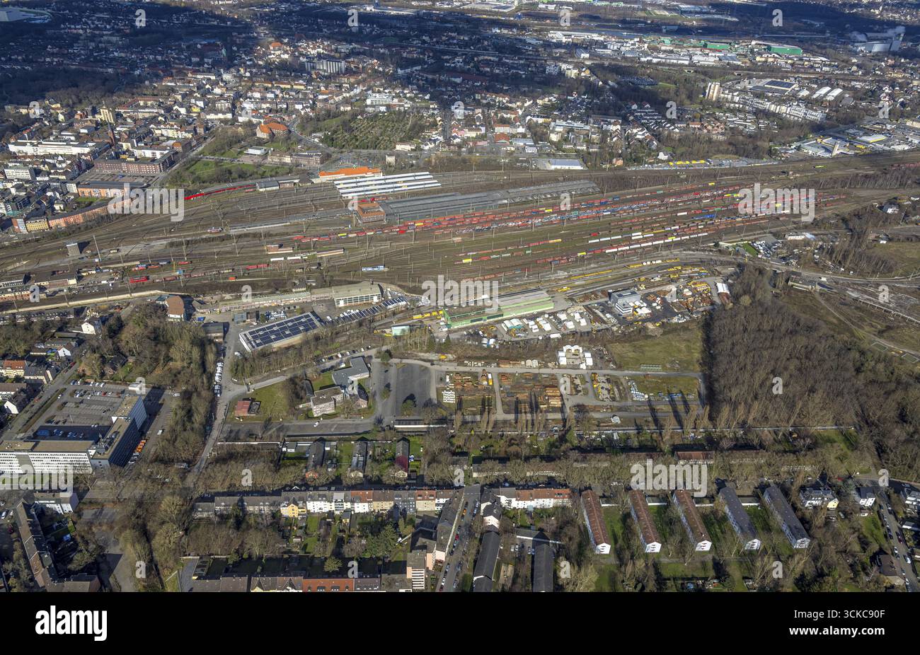 Vista aerea, stazione merci Herne e Wanne-Eickel, filiale Eiffage Rail di Eiffage Infra-Bau se, Wanne-Sued, Herne, zona della Ruhr, RHI settentrionale Foto Stock