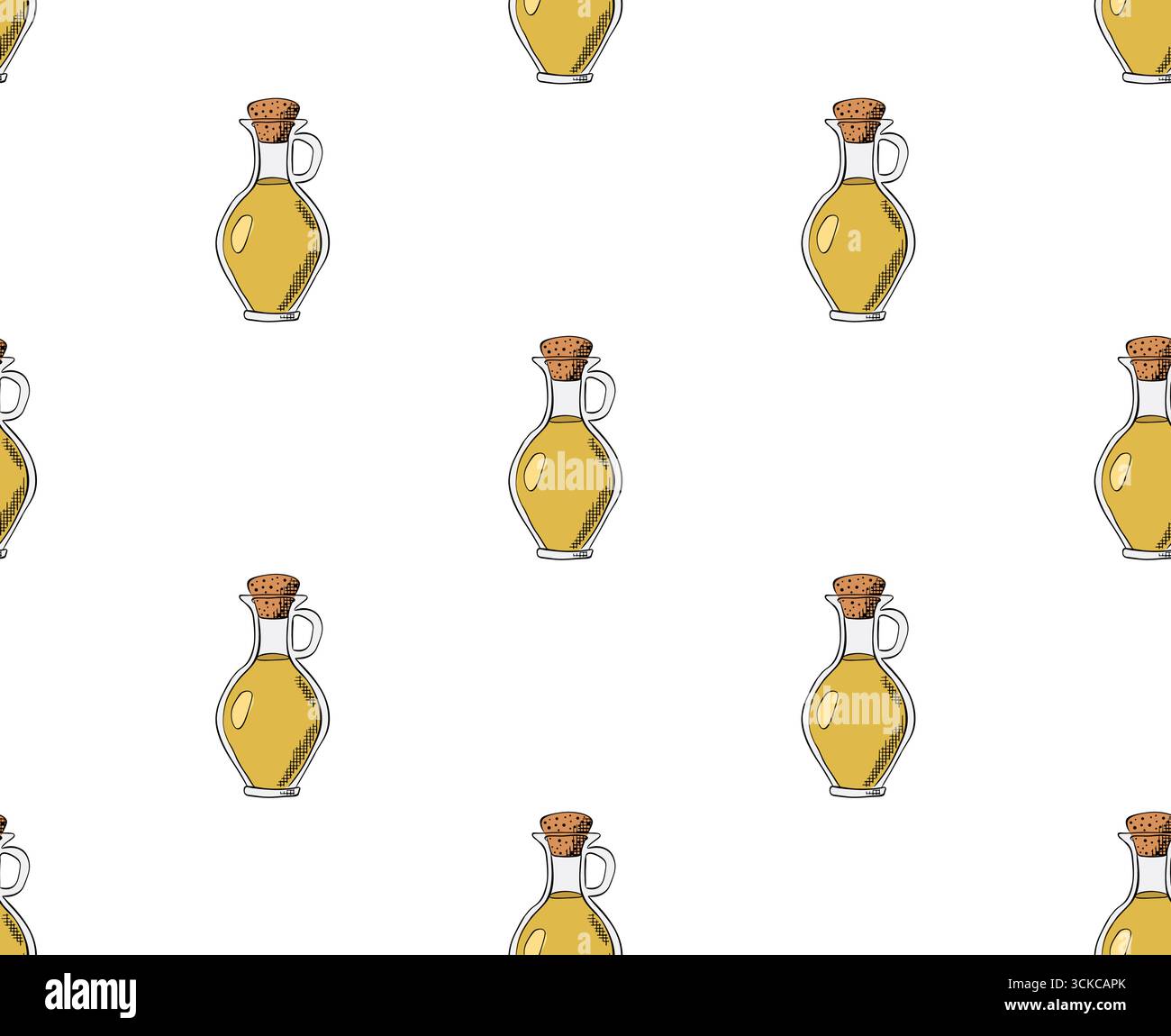 Bottiglia di olio d'oliva senza cuciture. Illustrazione colorata con inchiostro a linee grafiche vettoriali. per design e decorazione. Striscioni, poster, carta da imballaggio, adesivo, p Illustrazione Vettoriale