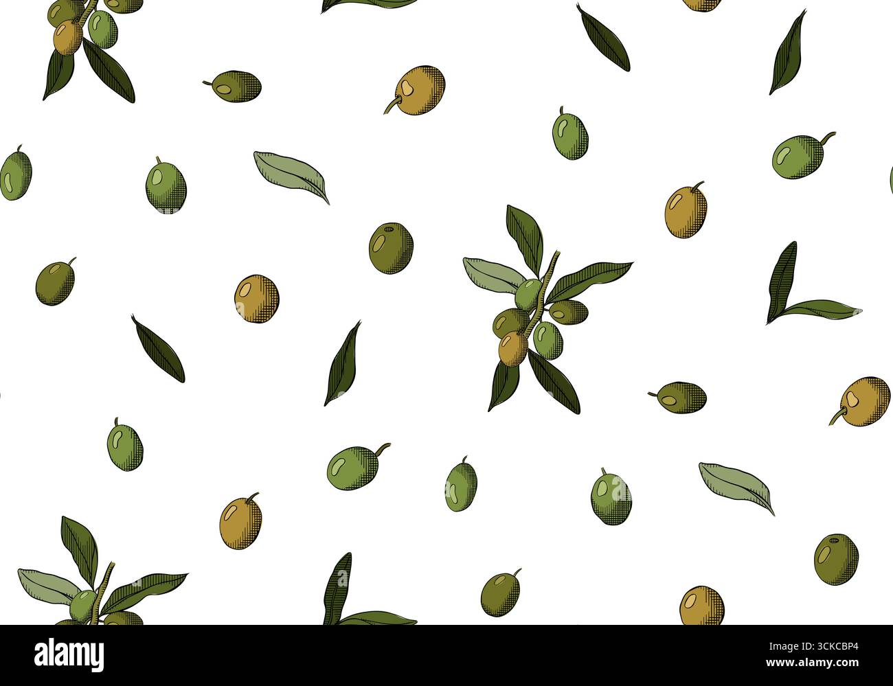 Frutti di oliva e ramoscello senza cuciture. Illustrazione colorata con inchiostro a linee grafiche vettoriali. Bacche con e senza pozze. Un'oliva, una goccia di olio d'oliva. v Illustrazione Vettoriale