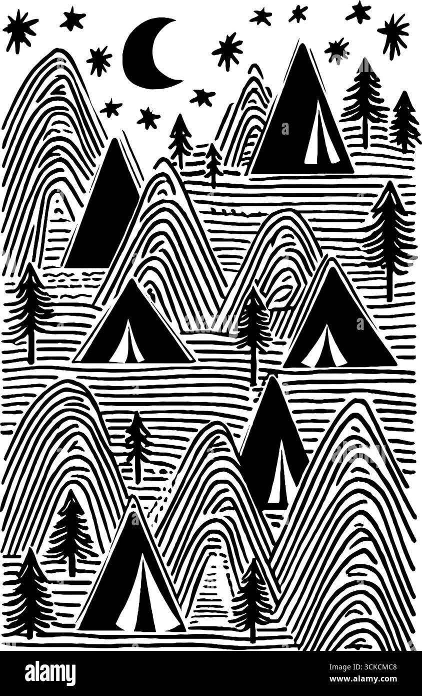 Campeggi in bianco e nero con tende e stelle per un design a tema avventura. Illustrazione Vettoriale