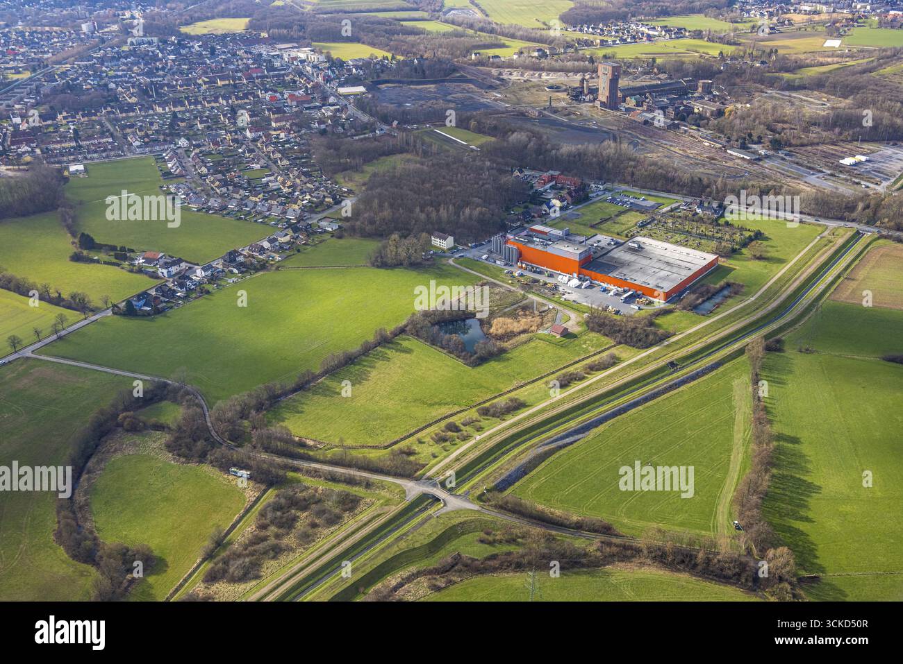 Vista aerea, Wiescher Bach, Riba Verpackungen, Pelkum District, Hamm, regione della Ruhr, Renania settentrionale-Vestfalia, Germania, Germania, Germania, Europa, imprese commerciali, Foto Stock