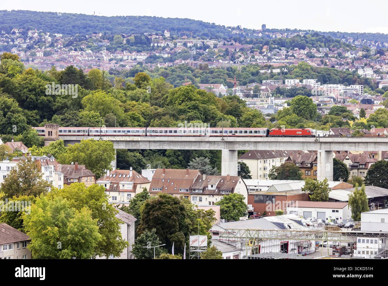 Intercity delle Ferrovie federali austriache, OEBB, viaggiando sulla Schusterbahn, viadotto Muenster con vista sulla città e sui giardini termali di Bad Cannstatt. St Foto Stock
