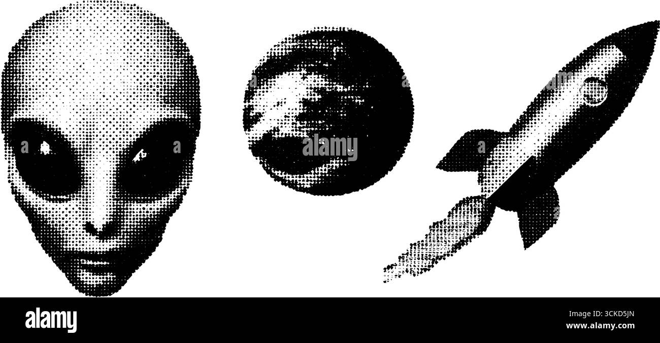 Set di illustrazioni retro per testa aliena, razzo e pianeta mezzitoni per un design fantascientifico. Illustrazione Vettoriale