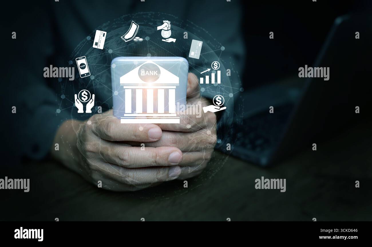 Concetto di digital banking con smartphone, icone finanziarie, rete globale, investimento, carta di credito, e la gestione del denaro, che rappresenta l'innovazione nel settore delle tecnologie finanziarie Foto Stock