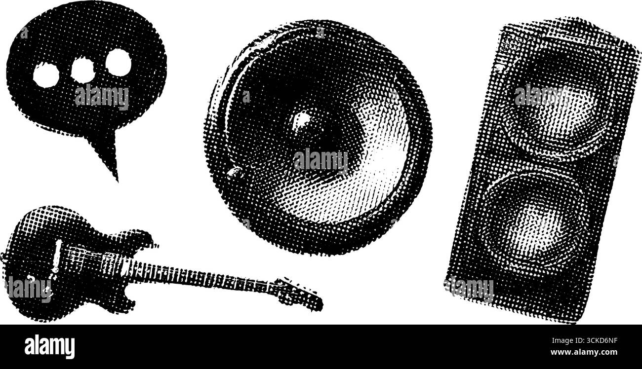 Elementi musicali vintage a mezzitoni con microfono per chitarra per un design artistico. Illustrazione Vettoriale