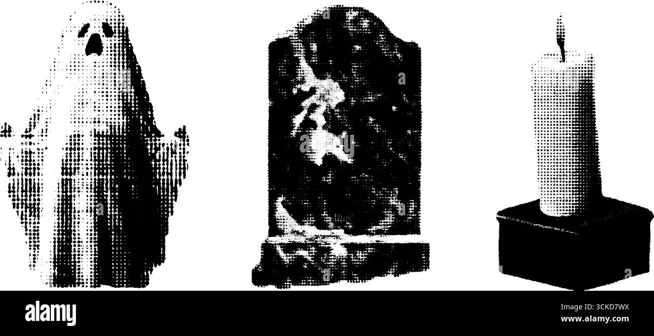 Collage vintage di mezzitoni con fantasma, lapide e candela - perfetto per l'arredamento di halloween. Illustrazione Vettoriale