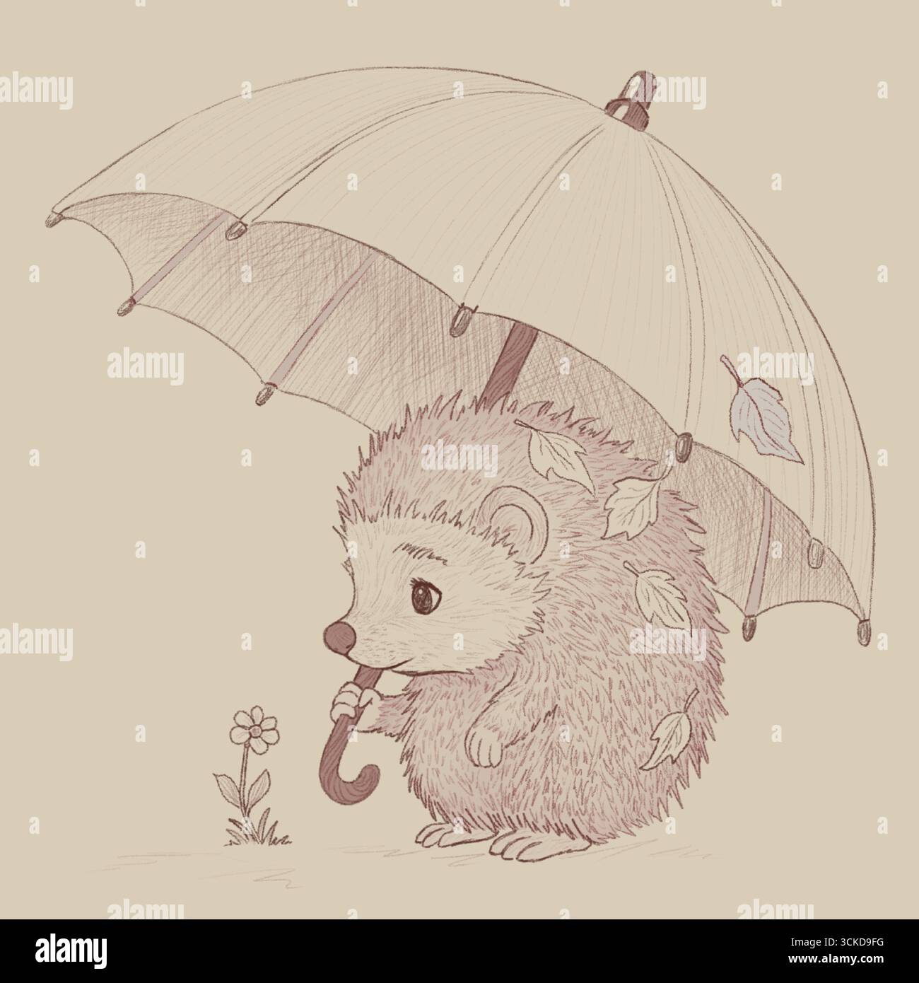 Simpatico riccio con ombrello e foglie autunnali. Illustrazione Vettoriale