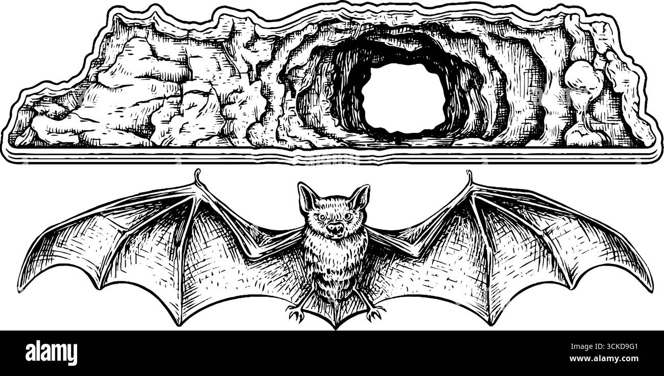 Mazza, ala e incisione in grotta disegnate a mano per un design retrò. Illustrazione Vettoriale