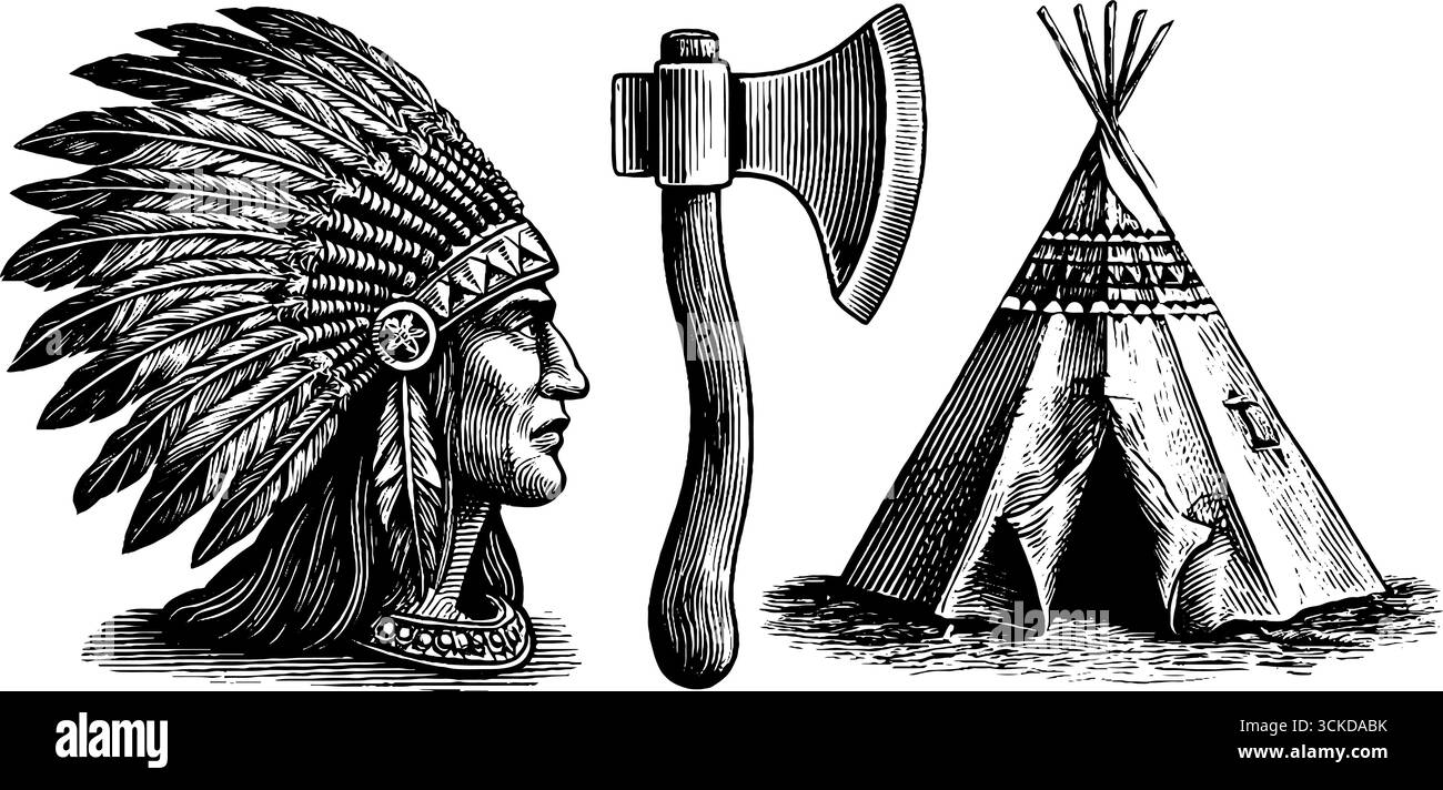Set vintage di ascia nativa del copricapo e schizzo del teepee per il design. Illustrazione Vettoriale
