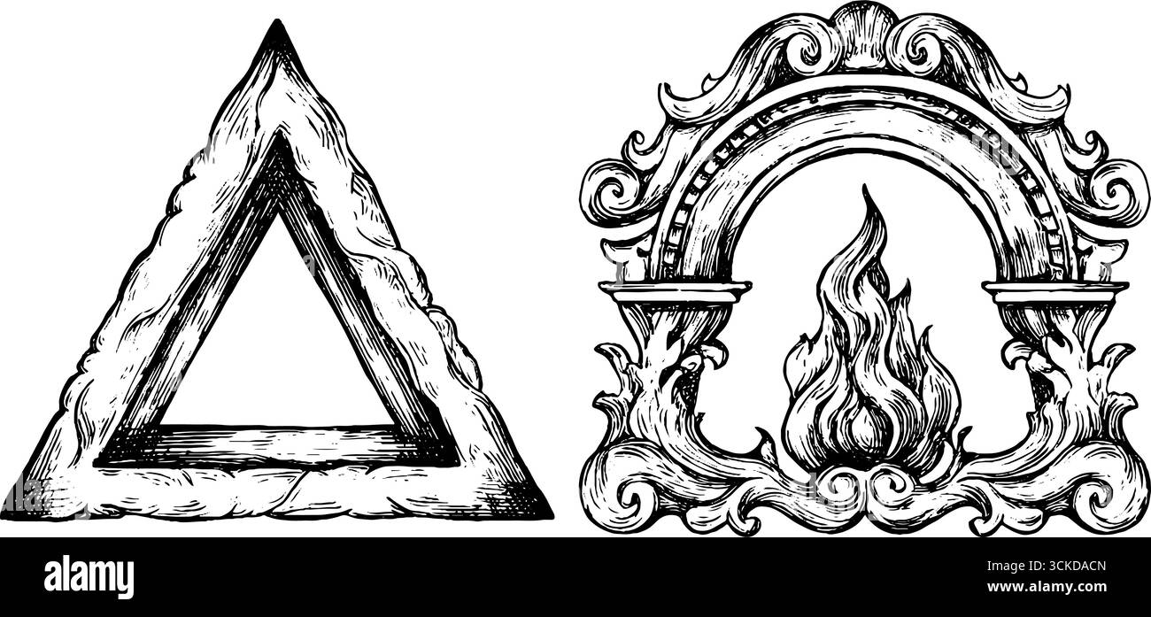 Set di illustrazioni vintage con incisione a triangolo invertito e arco ornato con motivo fuoco per progetti di design. Illustrazione Vettoriale